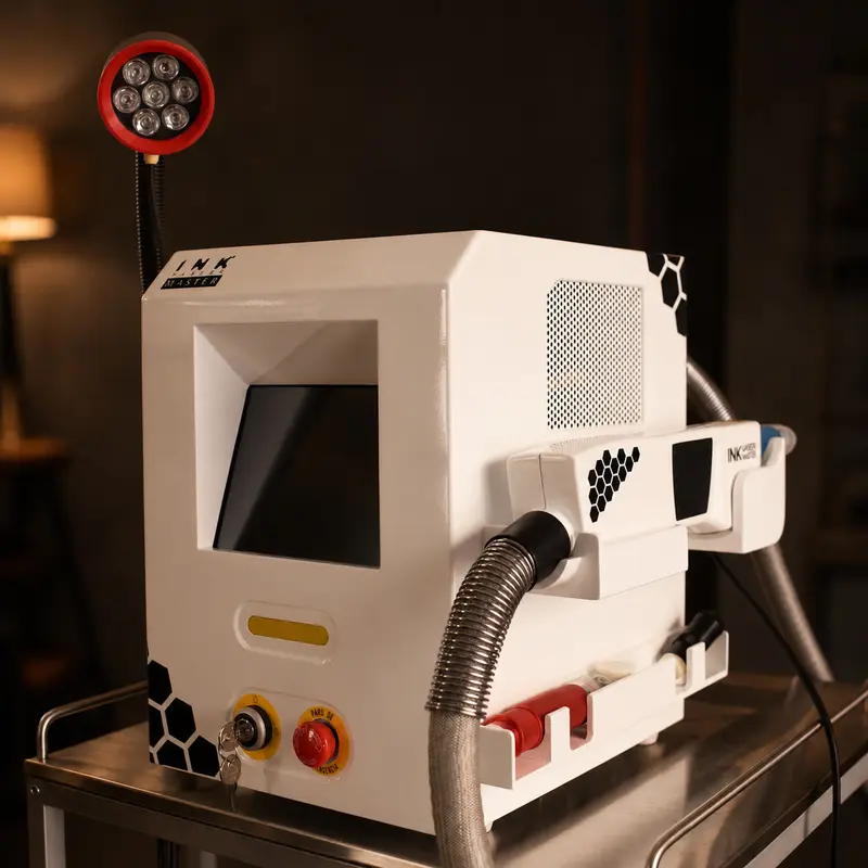 Equipo láser Laserlight Ink Hunter Master para eliminación de tatuajes en La Mamba Negra, estudio de tatuaje en Gijón